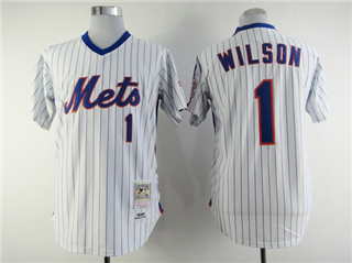 New York Mets #1 Mookie Wilson 1986 Throwback White Pinstripe Jersey