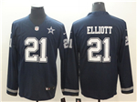 Dallas Cowboys #21 Ezekiel Elliott Navy Therma Long Sleeve Jersey