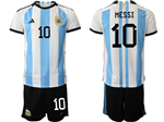 Argentina 2022/23 Youth Home Youth Blue/White Soccer Jersey with #10 Messi printing