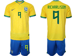 Brazil 2022/23 Home Gold Soccer Jersey with #9 Richarlison Printing