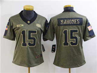Kansas City Chiefs #15 Patrick Mahomes Women's 2021 Olive Salute To Service Limited Jersey
