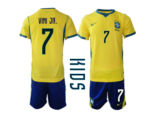 Brazil 2026 Youth Home Gold Soccer Jersey with #7 Vini Jr. Printing